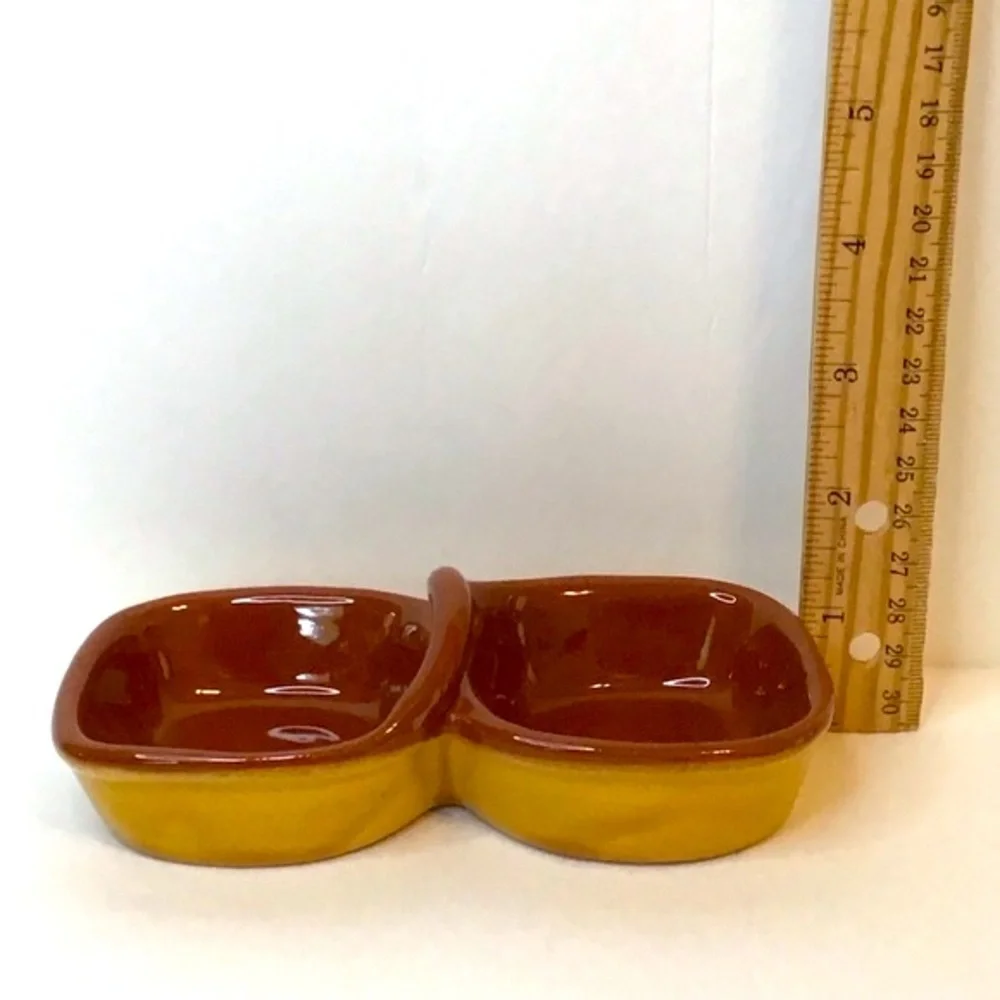 PIER 1 Salt & Pepper Sauce Double Sided Mustard Brown Glaze Pottery Dish